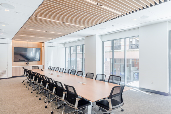 Lead your next executive team meeting in this bright space designed for up to 24 guests. Equipped with superior audio and web conferencing, enjoy privacy with frosted glass while still receiving natural light from large windows.
